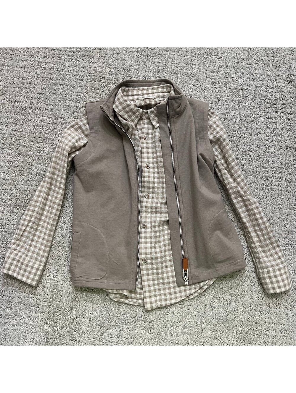 Noralee Dove Check Harrison Longsleeve Shirt & Southbound Khaki Knit Vest